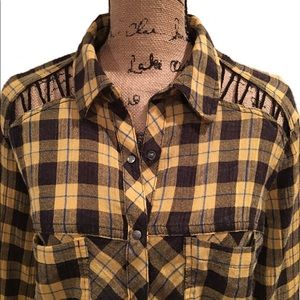 Free People Black Yellow Plaid Laces Flannel
